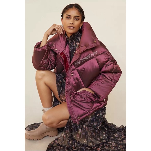 NWT Anthropologie OOF Metallic Quilted Puffer Coat Jacket NEW $400 S Purple RARE - Picture 3 of 8